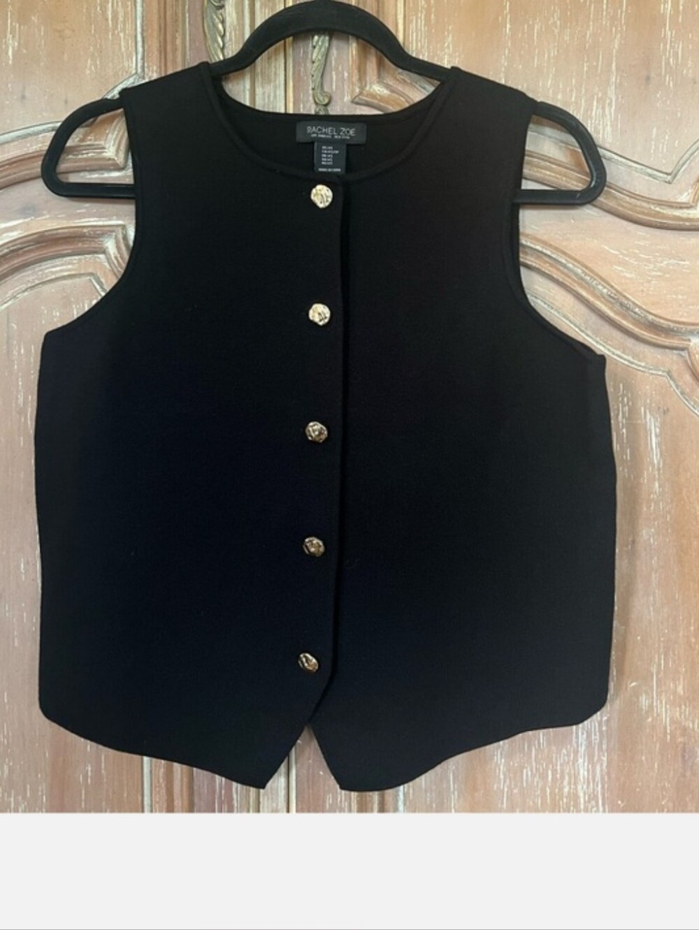 Rachel Zoe Black Structured Knit Sweater Vest Gold Button XS